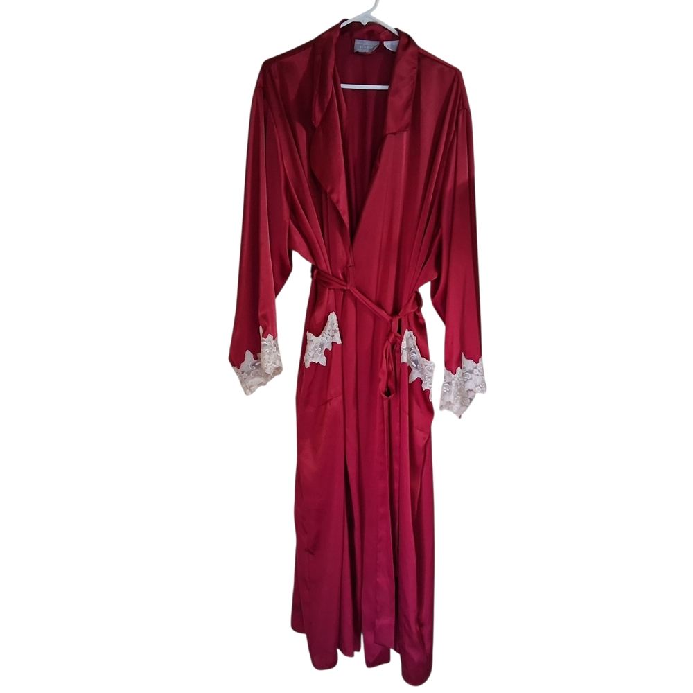 Jaclyn Smith Studio Intimates 4X Plus Size Satin Red Robe Lace Accents Sexy Long
